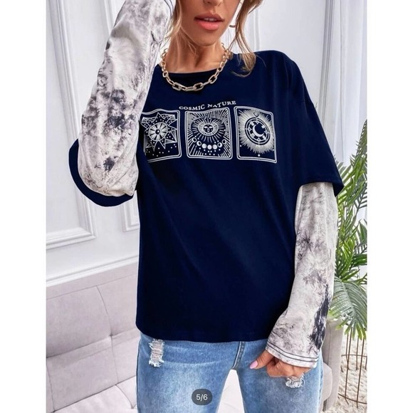 SHEIN Womens Tie Dye Cosmic Nature Graphic Tee Drop Shoulder Long Sleeve Size XL - Picture 2 of 3